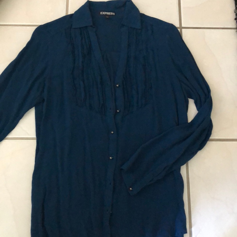 Turquoise ruffle detail blouse